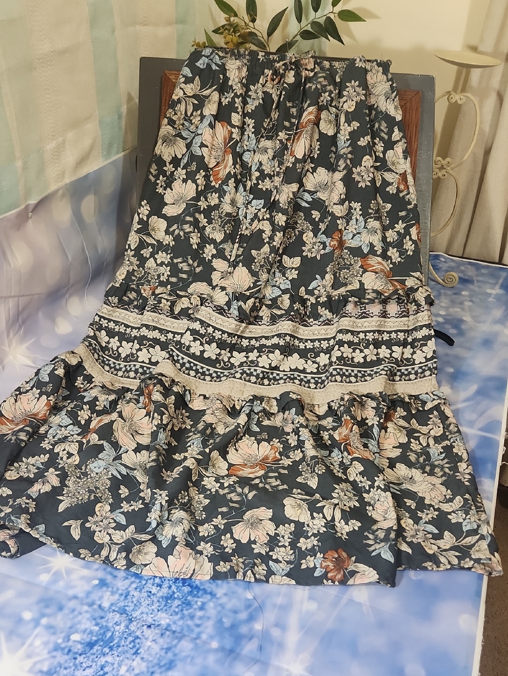 Vintage Boho Floral Tiered Maxi Skirt - Navy Blue